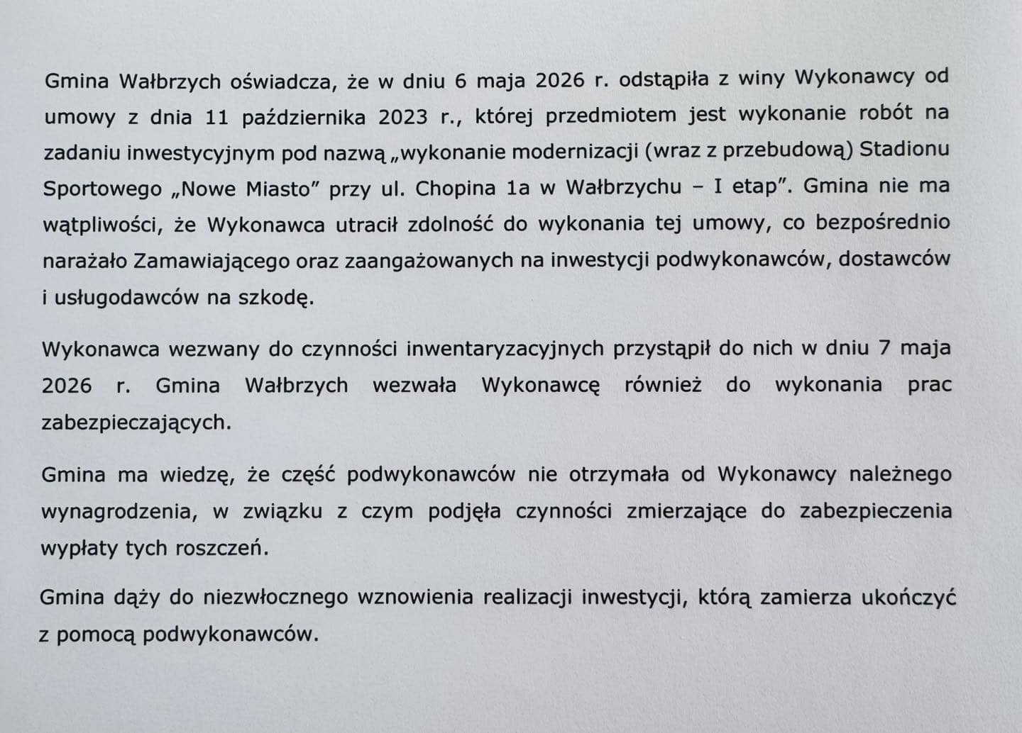Ktoś inny dokończy przebudowę stadionu na Nowym Mieście