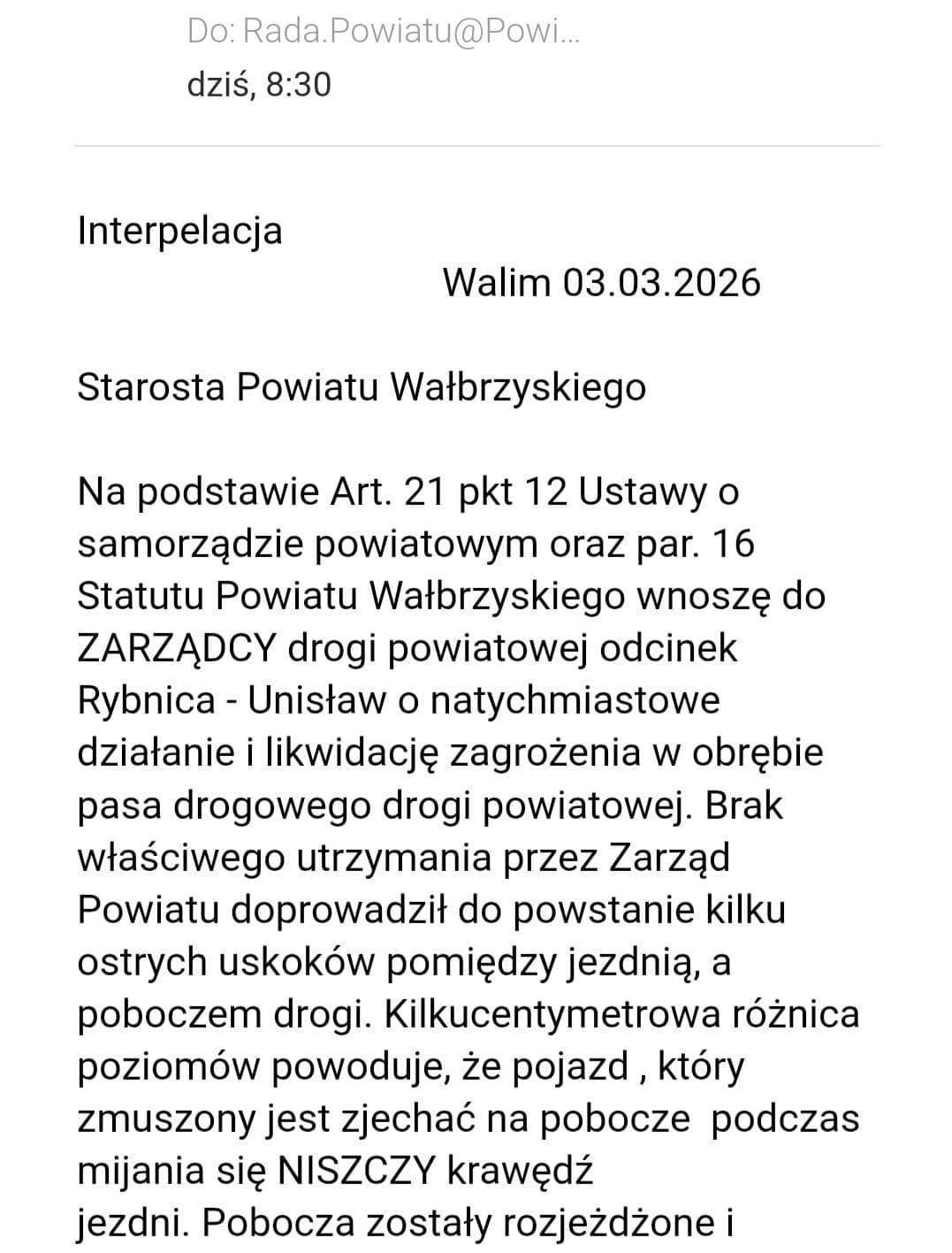 Radny apeluje do Zarządu Powiatu