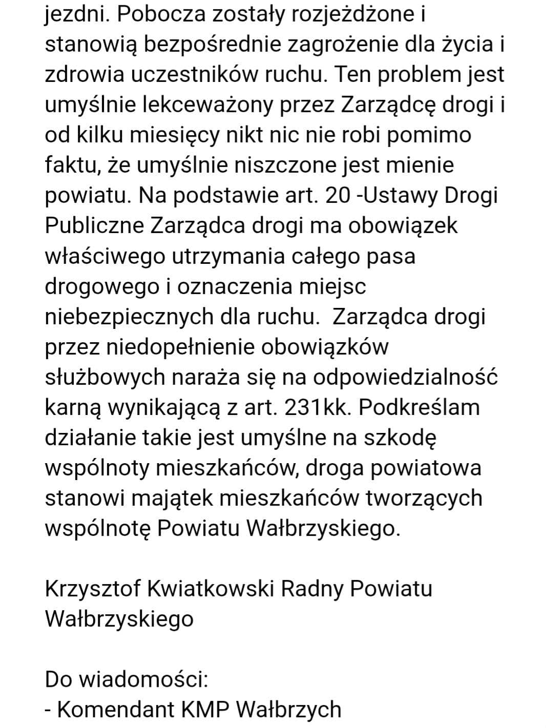 Radny apeluje do Zarządu Powiatu